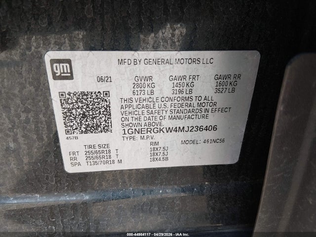 1GNERGKW4MJ236406 Chevrolet Traverse Fwd Lt Cloth