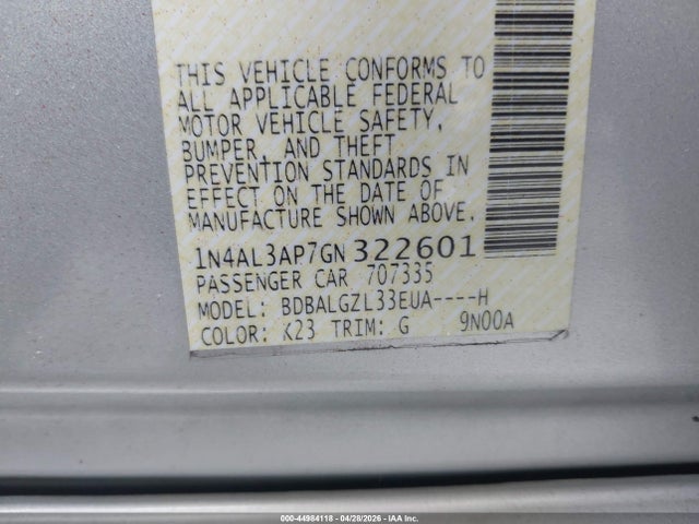 2016 Nissan Altima 2.5 S მანქანა იყიდება აუქციონზე, vin: 1N4AL3AP7GN322601, აუქციონის ნომერი: 44984118