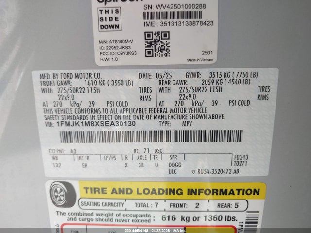 1FMJK1M8XSEA30130 Ford Expedition Platinum Max