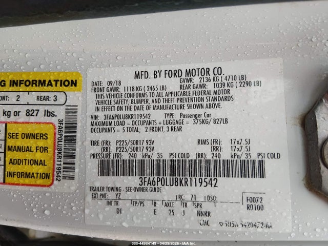 Продаж на аукціоні авто 2019 Ford Fusion Hybrid Se, vin: 3FA6P0LU8KR119542, номер лоту: 44984149