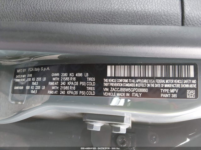 Aukcja sprzedaży 2016 Jeep Renegade Latitude, vin: ZACCJBBW5GPD08860, numer aukcji: 44984169
