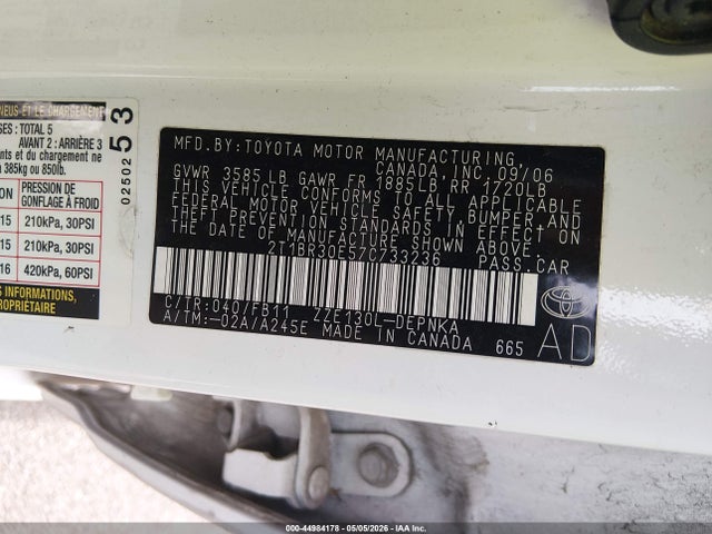 Aukcja sprzedaży 2007 Toyota Corolla Le, vin: 2T1BR30E57C733236, numer aukcji: 44984178