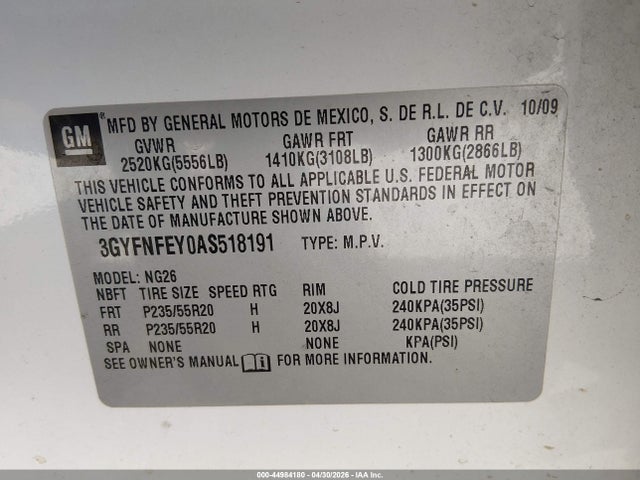 44984180 :رقم المزاد ، 3GYFNFEY0AS518191 vin ، 2010 Cadillac Srx Premium Collection مزاد بيع