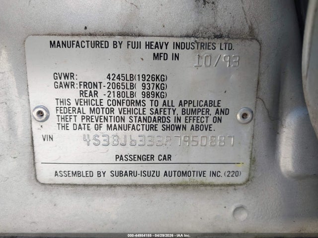 Продаж на аукціоні авто 1994 Subaru Legacy L/l Alpine, vin: 4S3BJ6333R7950887, номер лоту: 44984185