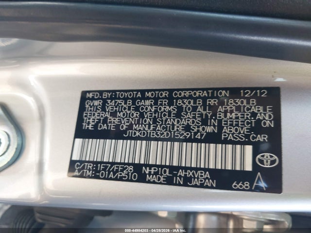 44984203 :رقم المزاد ، JTDKDTB32D1529147 vin ، 2013 Toyota Prius C Two مزاد بيع