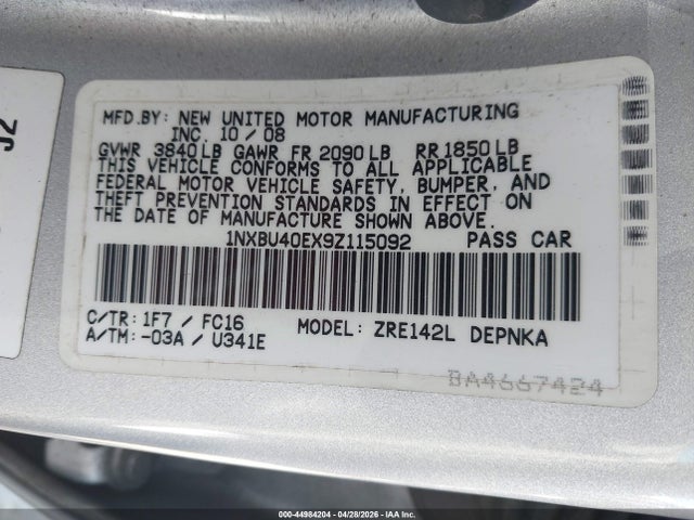Продаж на аукціоні авто 2009 Toyota Corolla Xle, vin: 1NXBU40EX9Z115092, номер лоту: 44984204