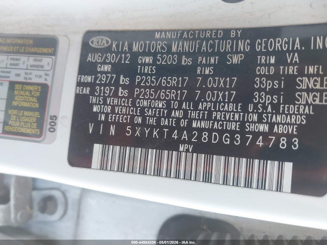 44984206 :رقم المزاد ، 5XYKT4A28DG374783 vin ، 2013 Kia Sorento Lx V6 مزاد بيع
