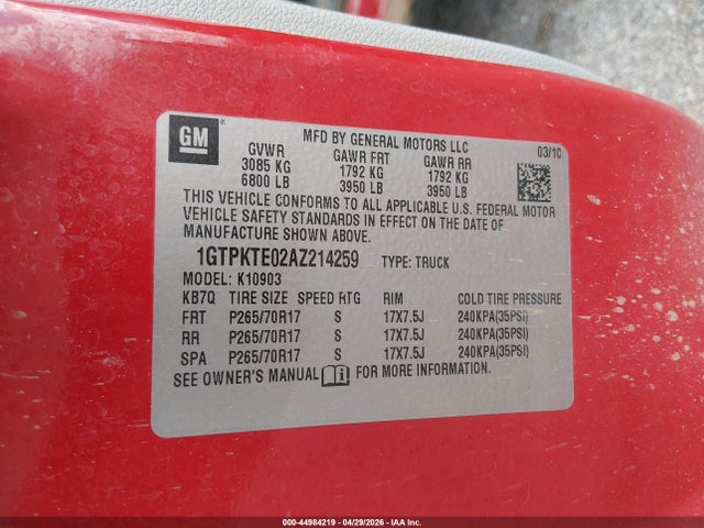 Aukcja sprzedaży 2010 Gmc Sierra 1500 Work Truck, vin: 1GTPKTE02AZ214259, numer aukcji: 44984219