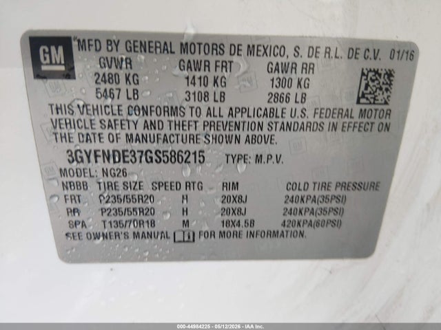 44984225 :رقم المزاد ، 3GYFNDE37GS586215 vin ، 2016 Cadillac Srx Premium Collection مزاد بيع