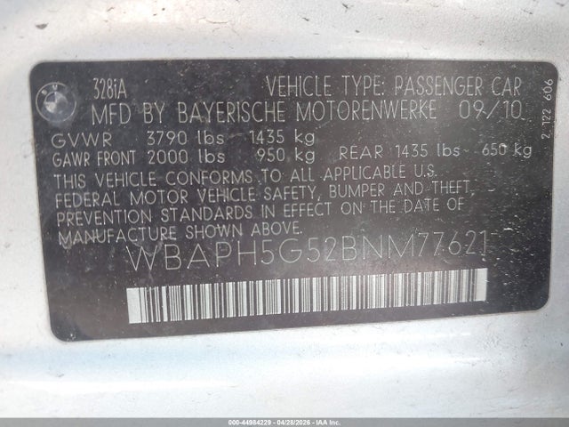 Продажа на аукционе авто 2011 Bmw 328i, vin: WBAPH5G52BNM77621, номер лота: 44984229
