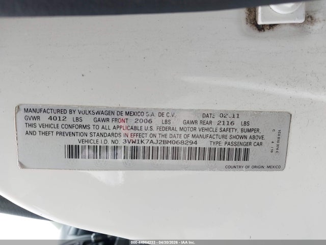 Продаж на аукціоні авто 2011 Volkswagen Jetta 2.0l S, vin: 3VW1K7AJ2BM068294, номер лоту: 44984233