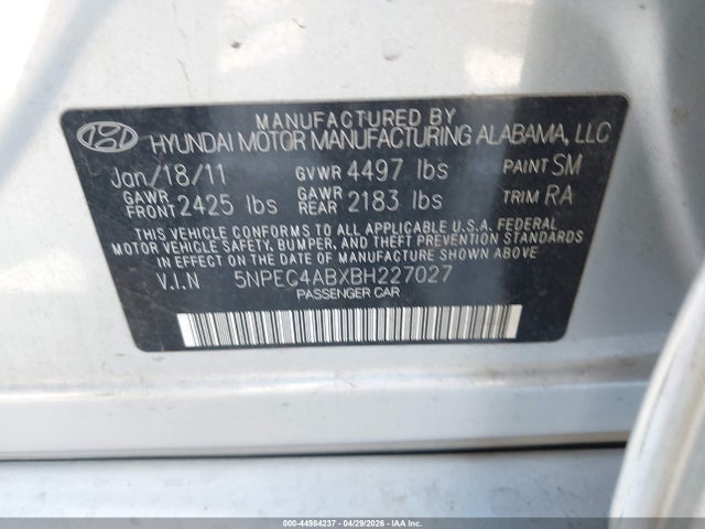 44984237 :رقم المزاد ، 5NPEC4ABXBH227027 vin ، 2011 Hyundai Sonata Se 2.0t مزاد بيع