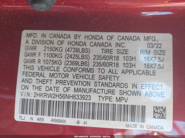 2022 Honda Cr-v Awd Ex მანქანა იყიდება აუქციონზე, vin: 2HKRW2H56NH633923, აუქციონის ნომერი: 44984245