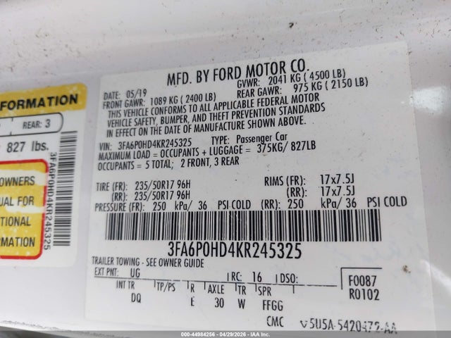 44984256 :رقم المزاد ، 3FA6P0HD4KR245325 vin ، 2019 Ford Fusion Se مزاد بيع