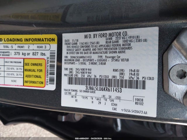 Продажа на аукционе авто 2019 Lincoln Mkz Hybrid Reserve I, vin: 3LN6L5LU6KR611453, номер лота: 44984261