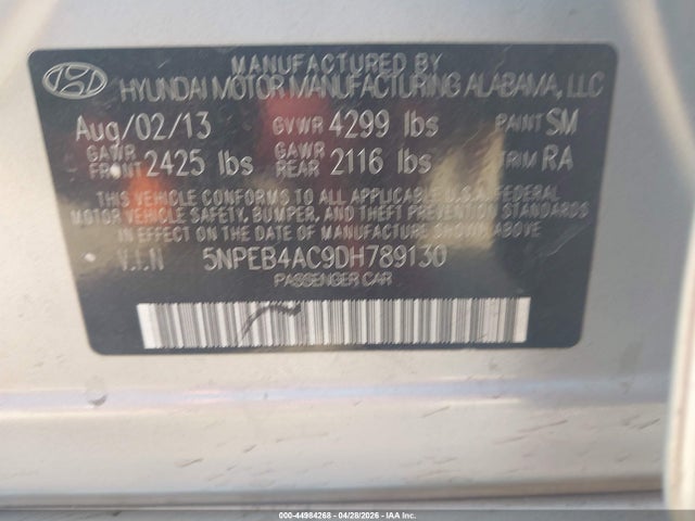 2013 Hyundai Sonata Gls მანქანა იყიდება აუქციონზე, vin: 5NPEB4AC9DH789130, აუქციონის ნომერი: 44984268