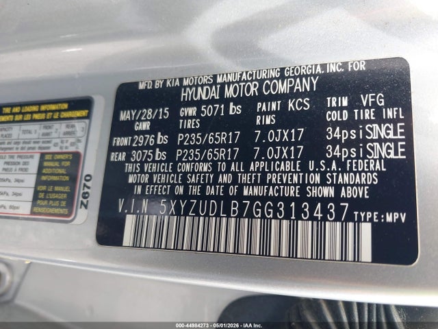 2016 Hyundai Santa Fe Sport 2.4l მანქანა იყიდება აუქციონზე, vin: 5XYZUDLB7GG313437, აუქციონის ნომერი: 44984273