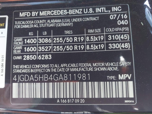 Aukcja sprzedaży 2016 Mercedes-benz Gle 350 4matic, vin: 4JGDA5HB4GA811981, numer aukcji: 44984283