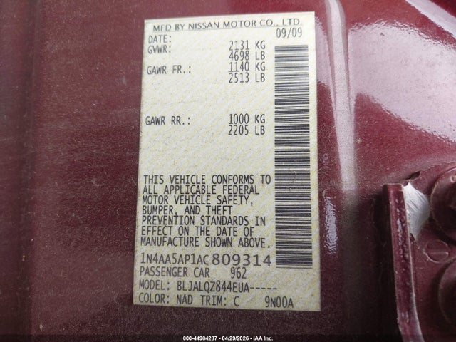Aukcja sprzedaży 2010 Nissan Maxima 3.5 S, vin: 1N4AA5AP1AC809314, numer aukcji: 44984287
