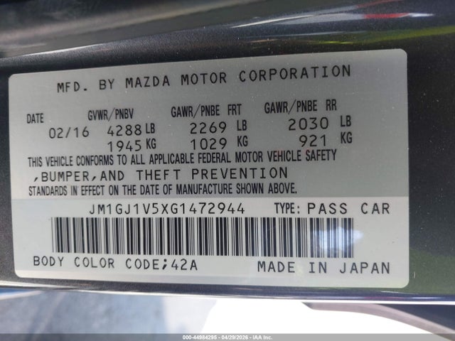 JM1GJ1V5XG1472944 Mazda Mazda6 I Touring