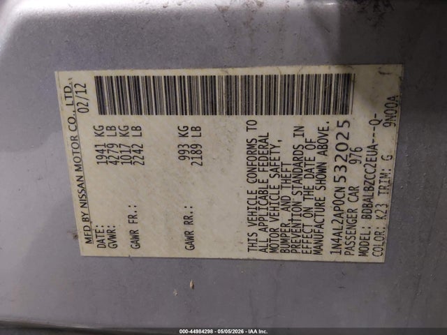 44984298 :رقم المزاد ، 1N4AL2AP0CN532025 vin ، 2012 Nissan Altima 2.5 S مزاد بيع