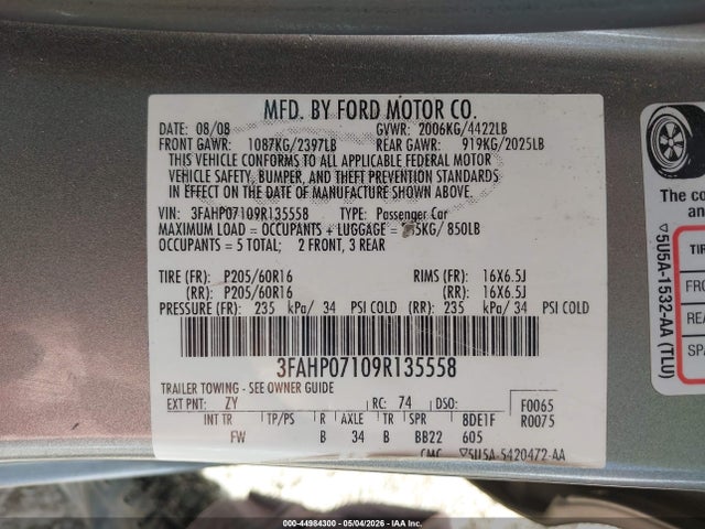 2009 Ford Fusion Se მანქანა იყიდება აუქციონზე, vin: 3FAHP07109R135558, აუქციონის ნომერი: 44984300