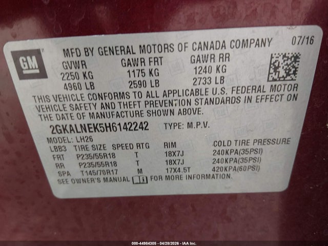 Aukcja sprzedaży 2017 Gmc Terrain Sle-2, vin: 2GKALNEK5H6142242, numer aukcji: 44984305
