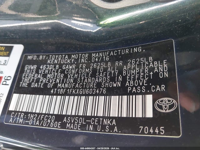 44984307 :رقم المزاد ، 4T1BF1FKXGU603476 vin ، 2016 Toyota Camry Le مزاد بيع