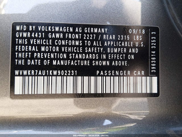 Aukcja sprzedaży 2019 Volkswagen E-golf Se, vin: WVWKR7AU1KW902231, numer aukcji: 44984321