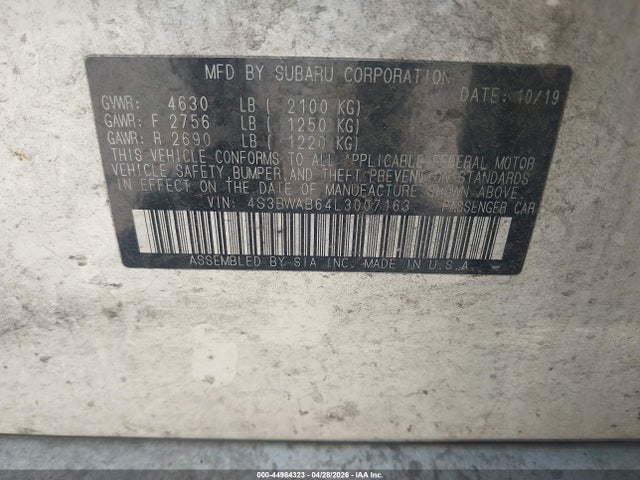 Aukcja sprzedaży 2020 Subaru Legacy, vin: 4S3BWAB64L3007163, numer aukcji: 44984323