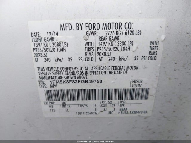 2015 Ford Explorer Limited მანქანა იყიდება აუქციონზე, vin: 1FM5K8F82FGB49758, აუქციონის ნომერი: 44984325
