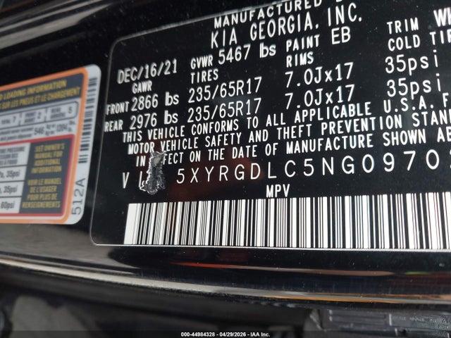 Auction sale of the 2022 Kia Sorento Lx, vin: 5XYRGDLC5NG097021, lot number: 44984328