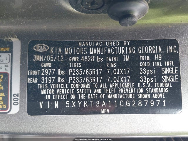 44984335 :رقم المزاد ، 5XYKT3A11CG287971 vin ، 2012 Kia Sorento Lx مزاد بيع