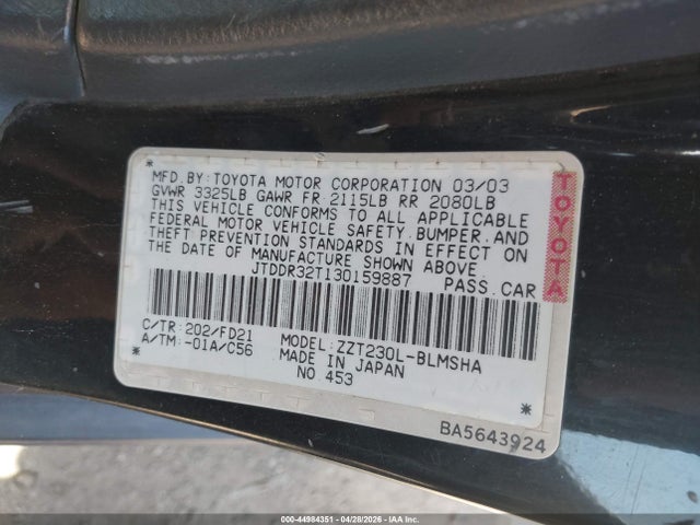 Aukcja sprzedaży 2003 Toyota Celica Gt, vin: JTDDR32T130159887, numer aukcji: 44984351