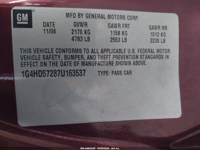 Продаж на аукціоні авто 2007 Buick Lucerne Cxl, vin: 1G4HD57287U163537, номер лоту: 44984358