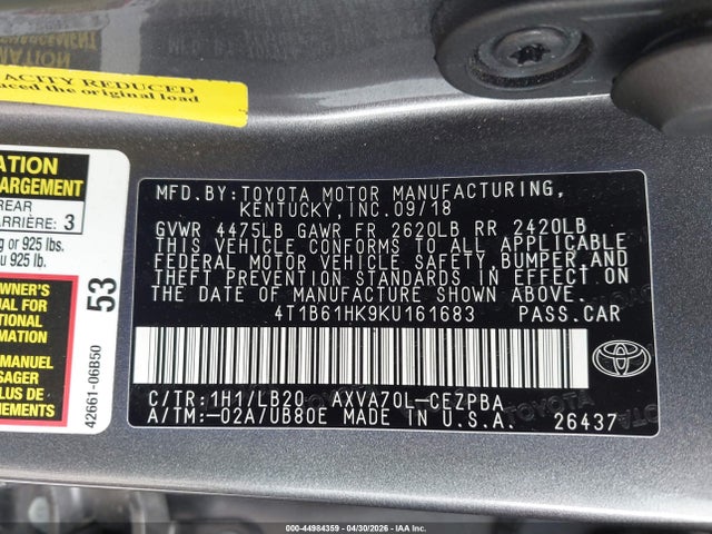 2019 Toyota Camry Xse მანქანა იყიდება აუქციონზე, vin: 4T1B61HK9KU161683, აუქციონის ნომერი: 44984359