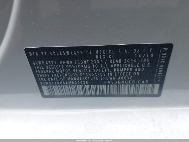 Продаж на аукціоні авто 2019 Volkswagen Golf Gti, vin: 3VW6T7AU5KM037036, номер лоту: 44984378