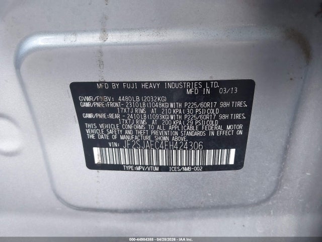 44984388 :رقم المزاد ، JF2SJAEC4EH424306 vin ، 2014 Subaru Forester 2.5i Premium مزاد بيع