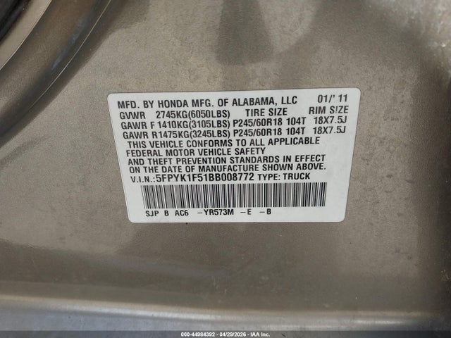 44984392 :رقم المزاد ، 5FPYK1F51BB008772 vin ، 2011 Honda Ridgeline Rtl مزاد بيع