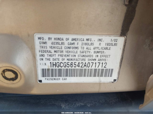 2002 Honda Accord Sdn Lx მანქანა იყიდება აუქციონზე, vin: 1HGCG56542A071712, აუქციონის ნომერი: 44984398