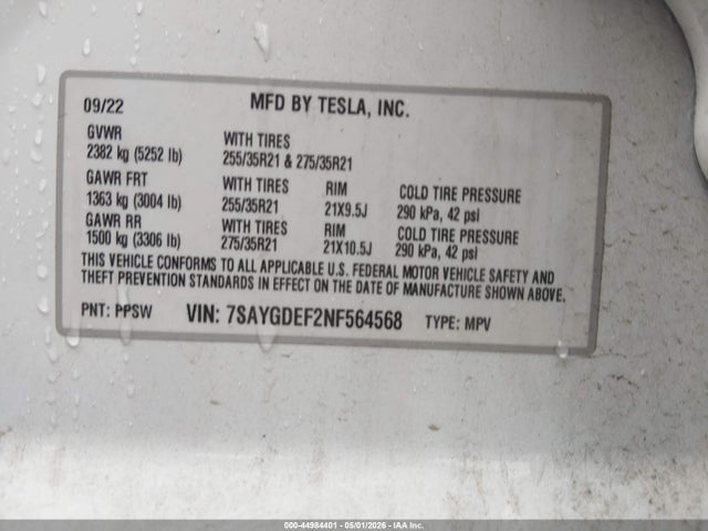 2022 Tesla Model Y Performance Dual Motor All-wheel Drive მანქანა იყიდება აუქციონზე, vin: 7SAYGDEF2NF564568, აუქციონის ნომერი: 44984401