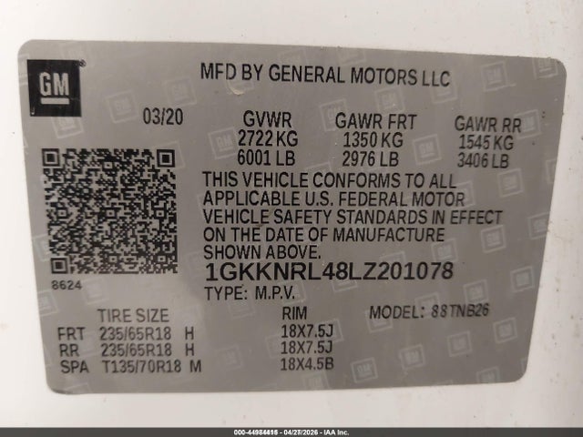 Aukcja sprzedaży 2020 Gmc Acadia Fwd Sle, vin: 1GKKNRL48LZ201078, numer aukcji: 44984415