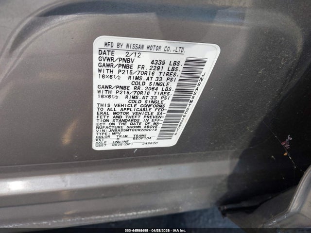 44984418 :رقم المزاد ، JN8AS5MT8CW289019 vin ، 2012 Nissan Rogue S مزاد بيع