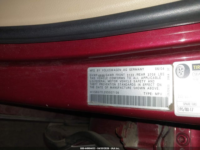 44984433 :رقم المزاد ، WVGBG77L25D007136 vin ، 2005 Volkswagen Touareg V6 مزاد بيع