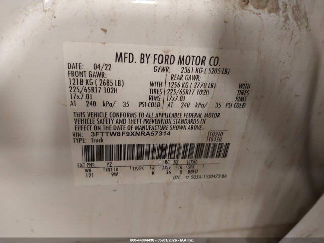 Продаж на аукціоні авто 2022 Ford Maverick Xl, vin: 3FTTW8F9XNRA57314, номер лоту: 44984438