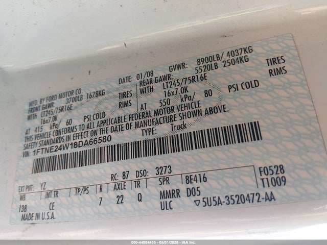 Продажа на аукционе авто 2008 Ford E-250 Commercial, vin: 1FTNE24W18DA66580, номер лота: 44984455