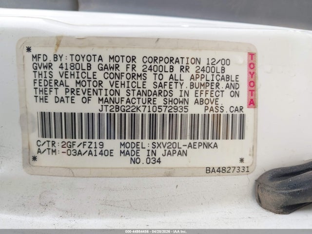 2001 Toyota Camry Le მანქანა იყიდება აუქციონზე, vin: JT2BG22K710572935, აუქციონის ნომერი: 44984456