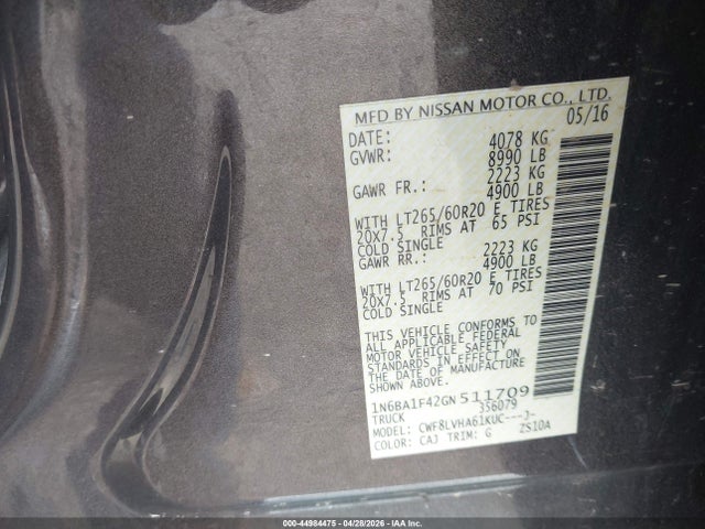 Продажа на аукционе авто 2016 Nissan Titan Xd Sl Diesel, vin: 1N6BA1F42GN511709, номер лота: 44984475