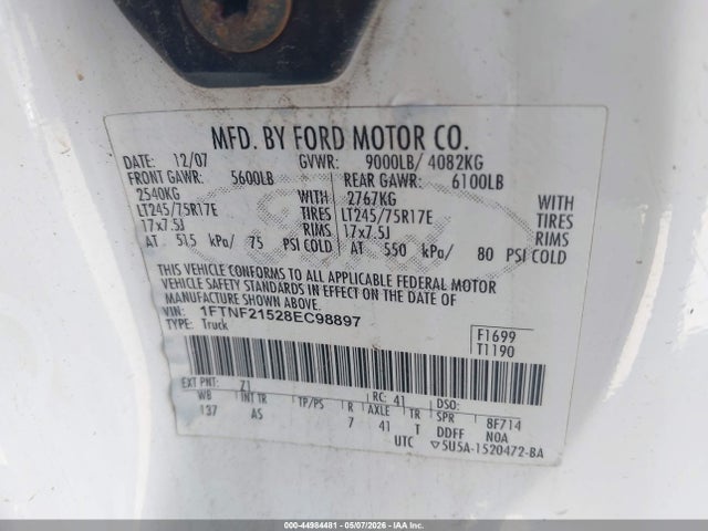 Продаж на аукціоні авто 2008 Ford F-250 Xl/xlt, vin: 1FTNF21528EC98897, номер лоту: 44984481