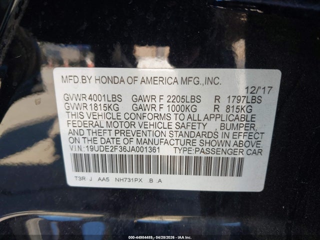 44984489 :رقم المزاد ، 19UDE2F36JA001361 vin ، 2018 Acura Ilx Acurawatch Plus Package مزاد بيع